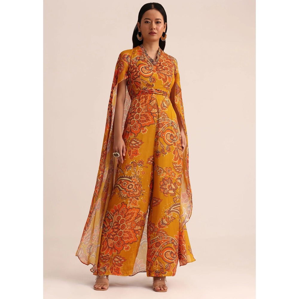 KALKI NWT Mustard Yellow Printed Chiffon Jumpsuit Cape Sequin Beads Size Medium